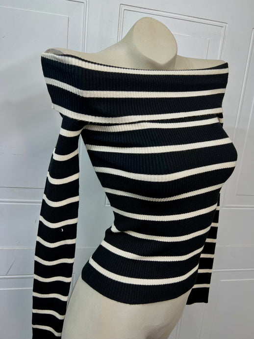 Sasha Timeless Striped pattern featuring a romantic fold-over-the shoulder