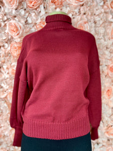 Priscilla Brown Or Red  Puff Sleeves Cinched waist turtleneck.