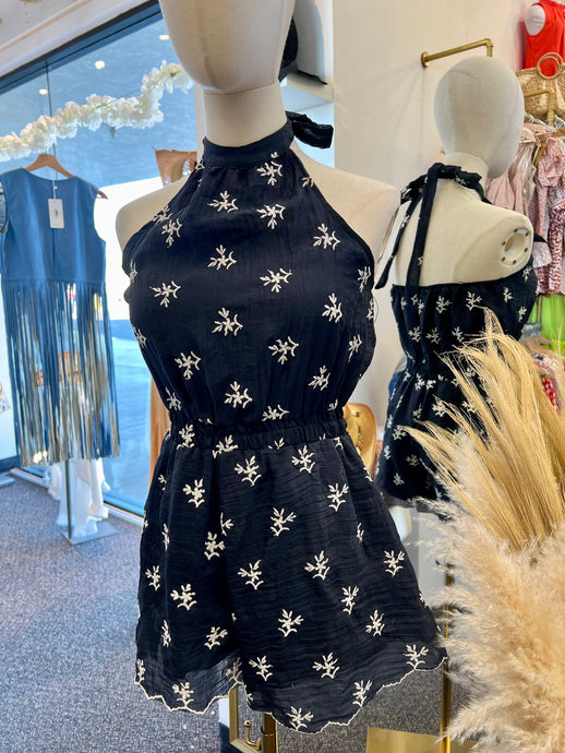 Vivienne Camel and Navy Blue Spring Floral Romper