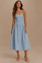 Load image into Gallery viewer, Sophia soft denim hidden zipper a line spaghetti strap midi dress