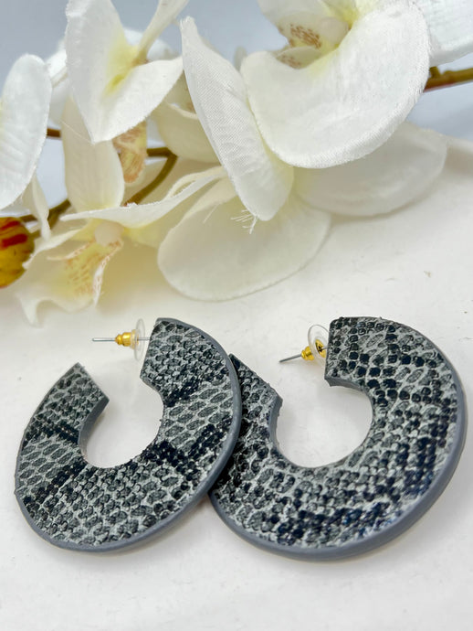 Kareli Gray Animal Print Faux Leather Hoops Post Back Earrings