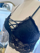 Load image into Gallery viewer, Sofia Black Front Cross Lace Bralette