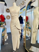 Load image into Gallery viewer, Nubia Satin Nude Spaghetti Strap Open Leg Maxi Dress
