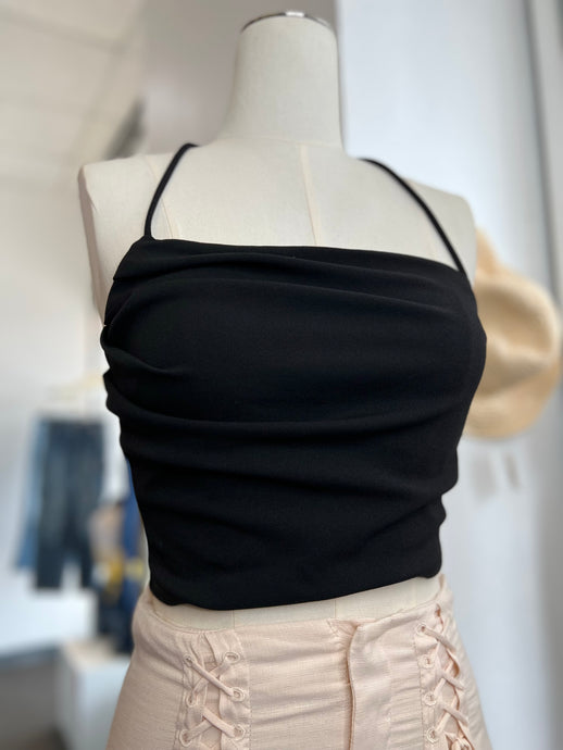 Sandra Black Self Tie Halter Crop Top