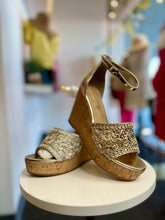 Load image into Gallery viewer, Danna Gold &amp; Cork Open Toe Wedge Platforms with Adjustable Ankle Straps