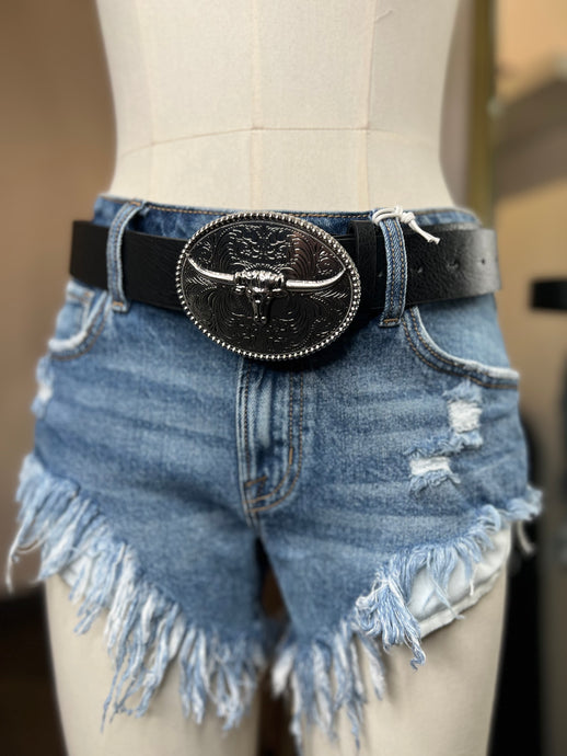 Darinne Plus Black Leather with Silver Bull Buckle