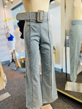 Load image into Gallery viewer, Dayra Light Washed Denim Flare Jeans Faux Swarovski Belt Included