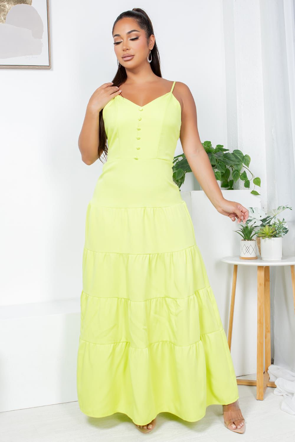 Kendra Neon Green Spaghetti Strap Maxi Dress Neon Green / 100%Polyester / M