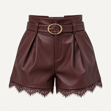 Load image into Gallery viewer, Sienna Lace-Trim Vegan Leather Shorts