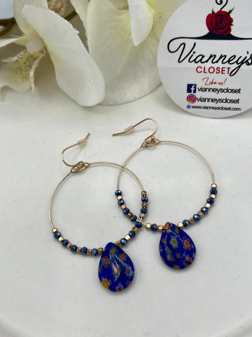 Amelia Blue and Gold Dangle Hoops Fishhook Earrings