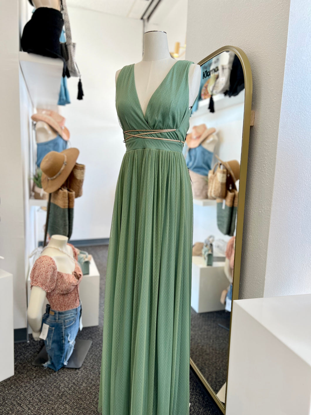 Miranda Mint Goddess Empire Waist V Neck Maxi Dress