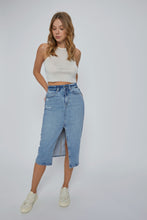 Load image into Gallery viewer, Helen Hi Rise Midi denim skirt with front slit