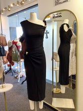 Load image into Gallery viewer, Bridget Black Sparkly Gold Detailed Twist Shoulder Midi Dress