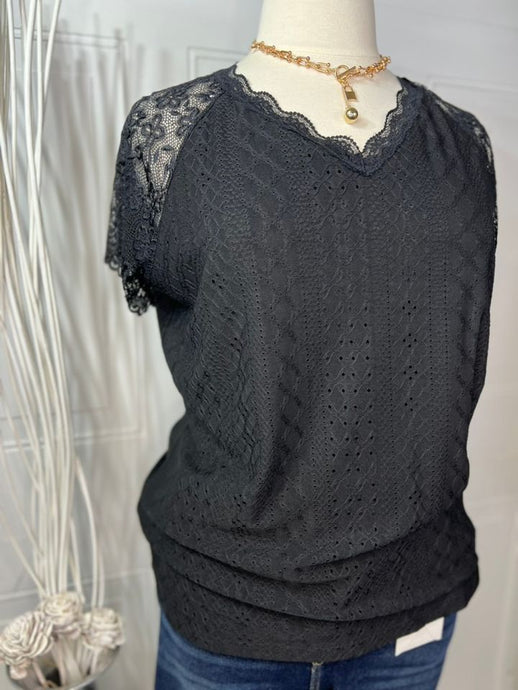 Lina Black V-neck Short Sleeve Laced Top