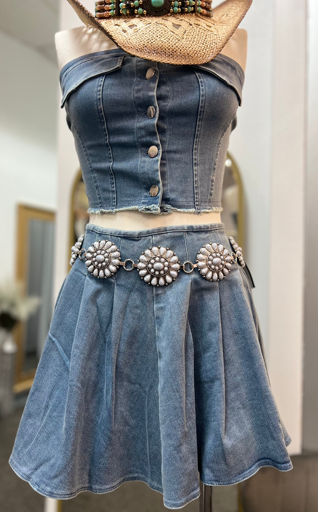 Regina Denim Tube Top Crop Top and Pleated Skirt Set