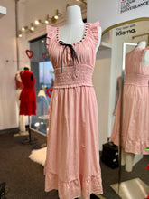 Load image into Gallery viewer, Lexi Midi Blush Pink Smocking Waist Black Lace Up Dress