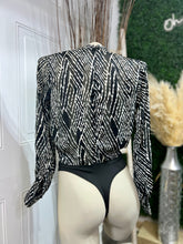 Load image into Gallery viewer, Celeste Black and White Front Self Tie Long Sleeve Bodysuit