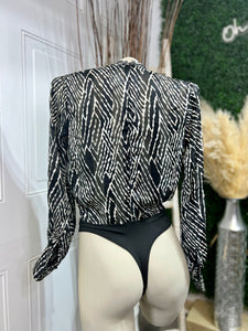 Celeste Black and White Front Self Tie Long Sleeve Bodysuit