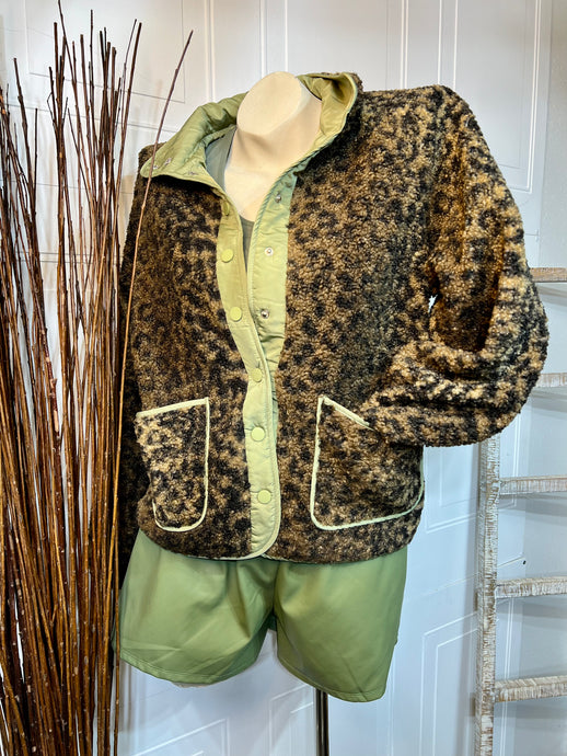 Ashley Fuzzy Collared Animal Print Button Up Jacket