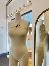Load image into Gallery viewer, Claire Camel or Butter Yellow Halter Double Lined Gold Detail Bodysuit
