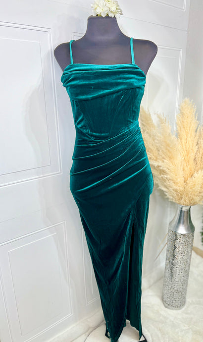 Jenny Hunter Green or Teal Velvet Spaghetti Strap Dress