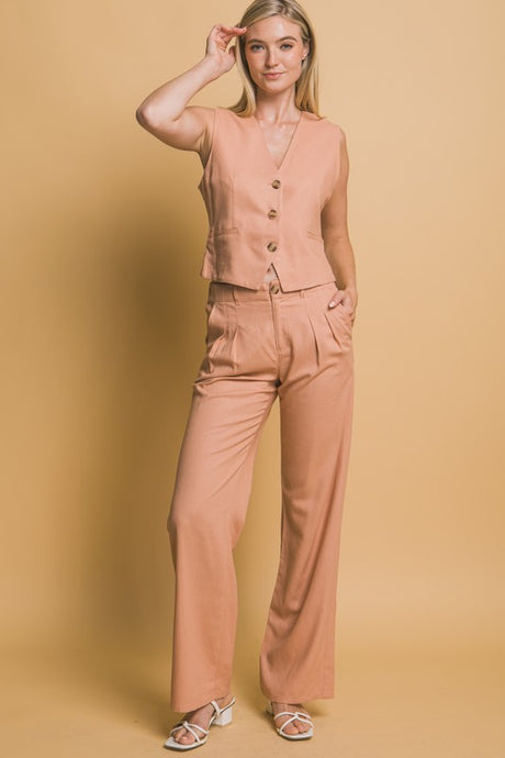 Alice Clay, Khaki or Taupe Linen Wide Leg Pants