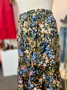 Melanie Floral Ruffle Tiered, Satin Midi Skirt