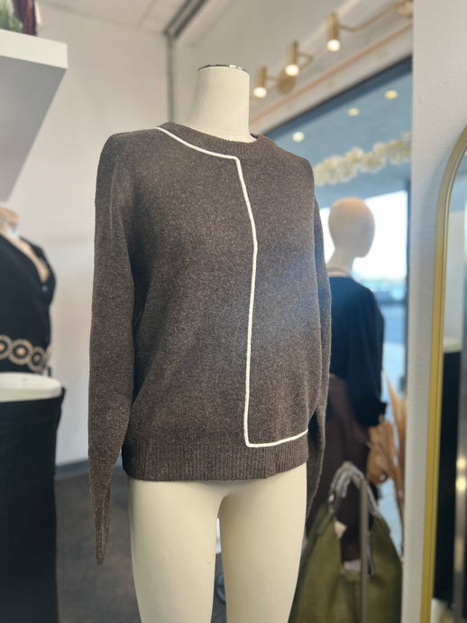 Vanessa Expresso and Oatmeal Round Neck wool blend /acrylic long sleeve sweater