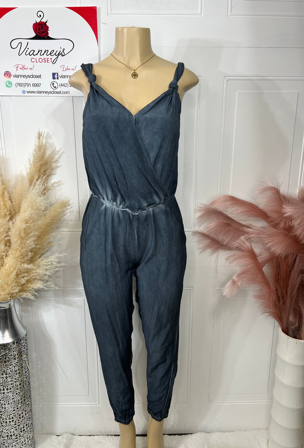 Annia Sleeveless V Neck Acid Washed Jumpsuit