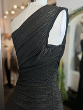 Load image into Gallery viewer, Isabella Black, Burgundy, Green Sparkly One Shoulder Ruched Maxi Dress