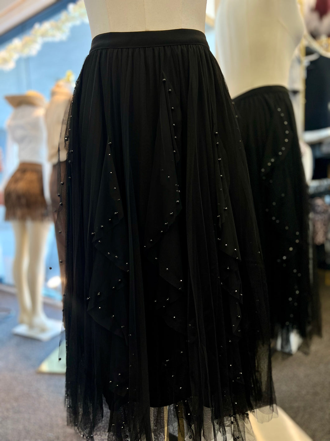 Lizz Embellished Mesh Panel Midi-Skirt Black with Faux Black Pearls