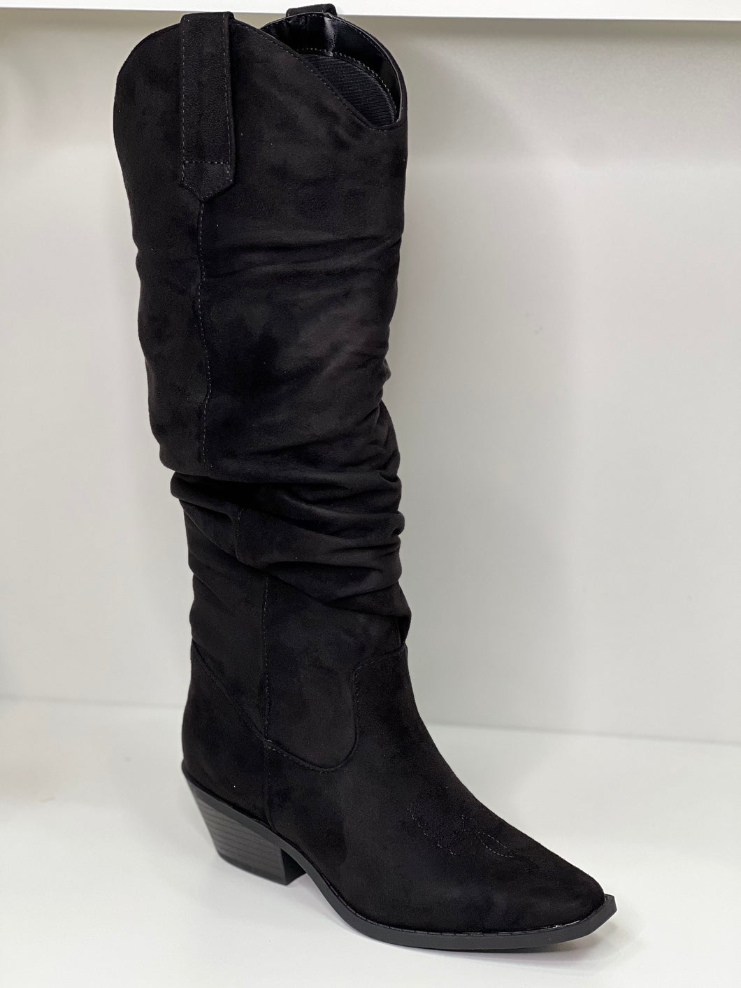 Sophie Black Suede Western Chunky Boot