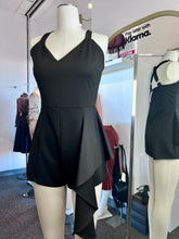 Load image into Gallery viewer, Christie Black Techno Crepe Ruffle Hem Spaghetti Strap Romper