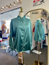 Load image into Gallery viewer, Pearl Teal Satin Long Sleeve Lace Detail Button Down