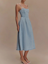 Load image into Gallery viewer, Sophia soft denim hidden zipper a line spaghetti strap midi dress