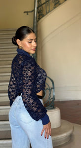 Lexy Navy or Copper Lae Cropped Button Up Collared Blouse