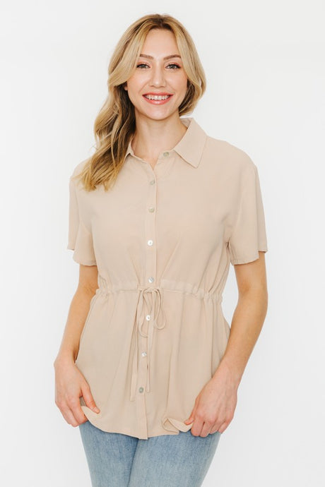 Carla Off-white or Tope Short Sleeve Button-down blouse with Waist Tie
