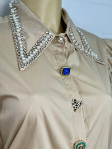 Ariday Beige Detailed Button Puffy Sleeve Top