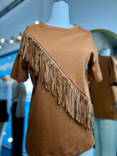 Load image into Gallery viewer, Camila Camel or Black Round Neck Bedazzled FringeS Stretchy Tee