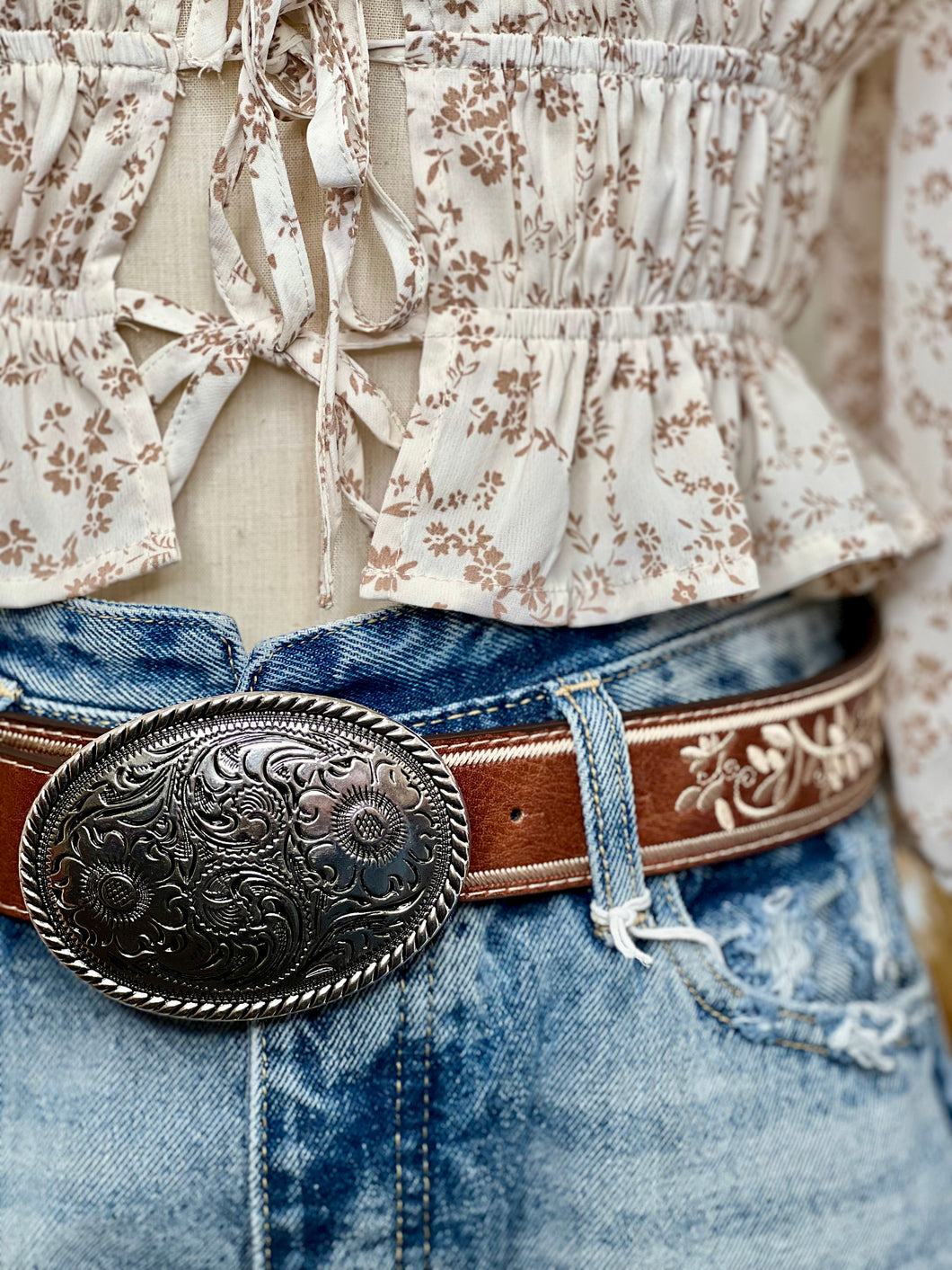 Destiny Cognac, Black or White Leather Silver Embroided Buckle Belt