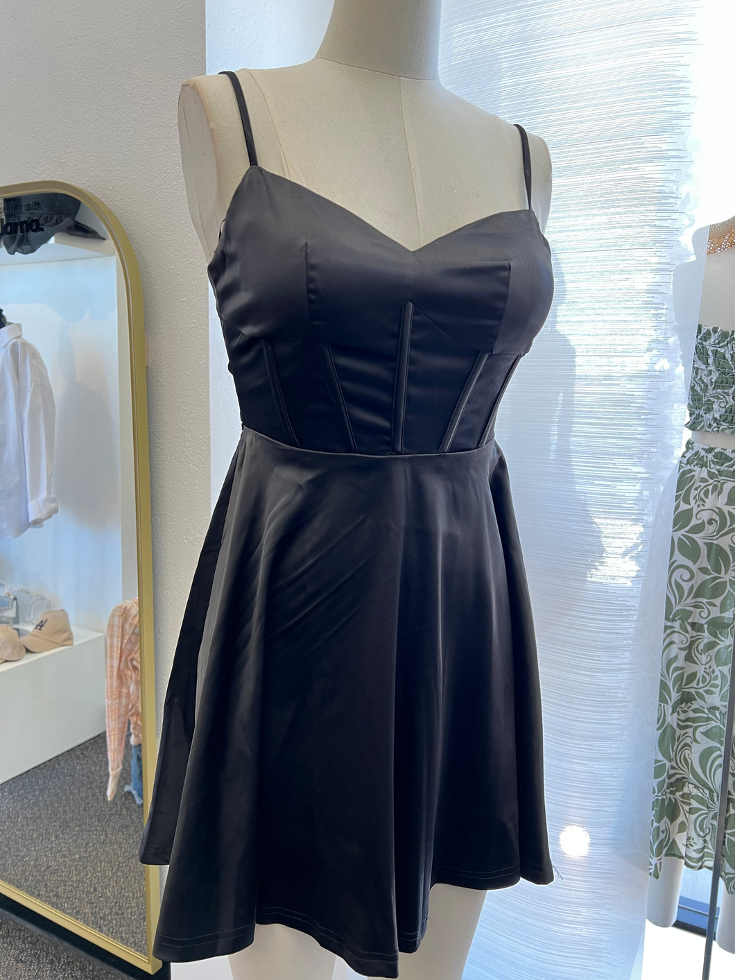 Chantell Black Satin Corset Mini Dress