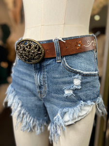 Vee Black or Cognac Threaded Design Belt With Gold Buckle