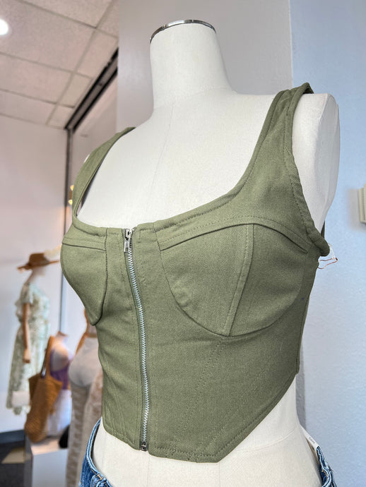 Gilda Olive  Zip Up Square Neck Crop Top