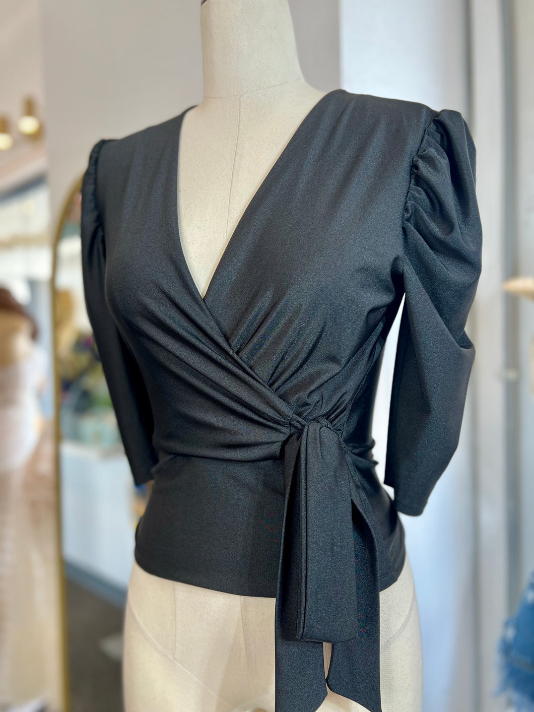 Leslie Surplice Self Tie Black Top