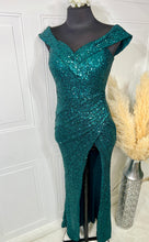 Load image into Gallery viewer, Farah Teal Sequence Off the Shoulder Evening Dress