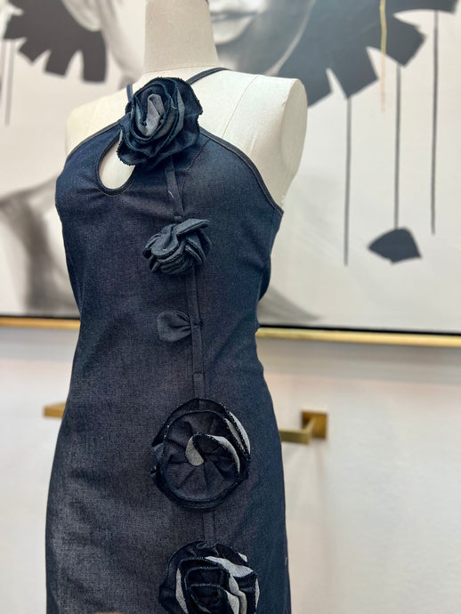 Alessandra Denim Stretchy Flower Midi Dress