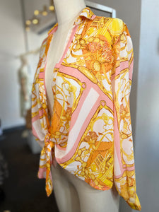 *CLEARANCE* Blush/Gold Long sleeve front tie Cardigan Inspired Top