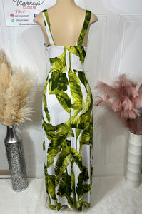 Bella Green & White Tropical Leaf Print Dress