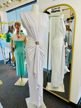 Load image into Gallery viewer, Jenny White Sleeveless Deep V Rushed Open Front Maxi Gold Hardware Brooch Detail