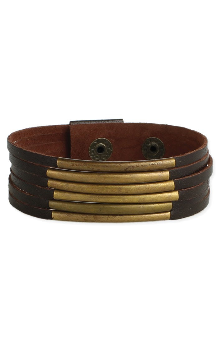 5 Line Brown Leather Gold Bars Bracelet